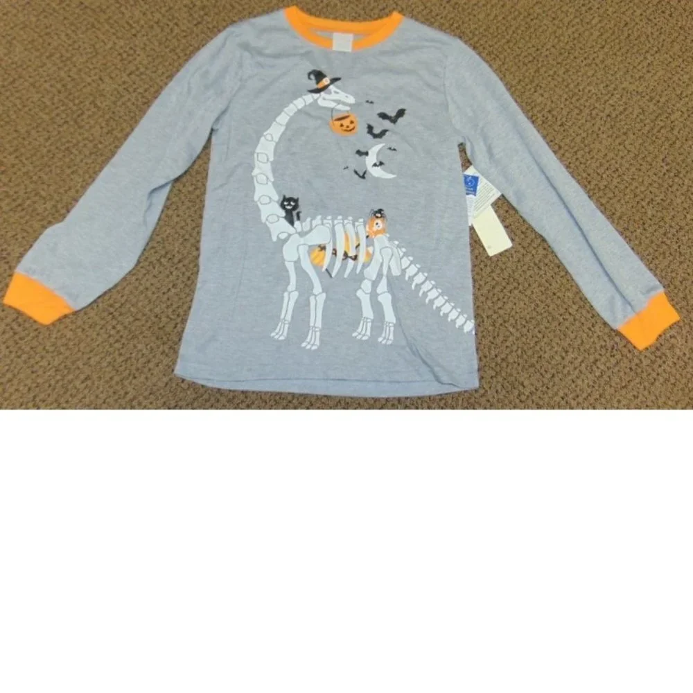 Skeleton Dinosaur Halloween Pajamas 10/12 Gray Shirt & Orange Pants 2 Pc Kids